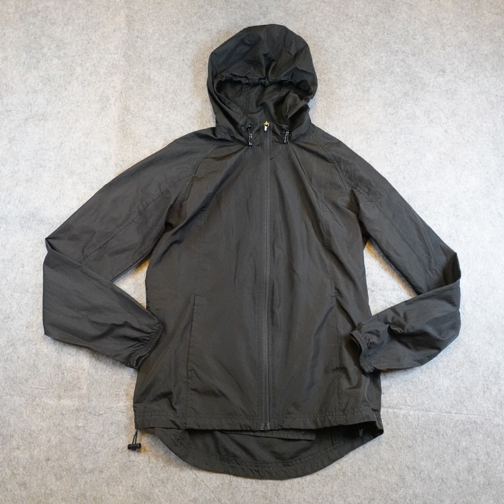 Asics Jacket Women Small Black Hooded Reflective Full Zip Windbreaker Running